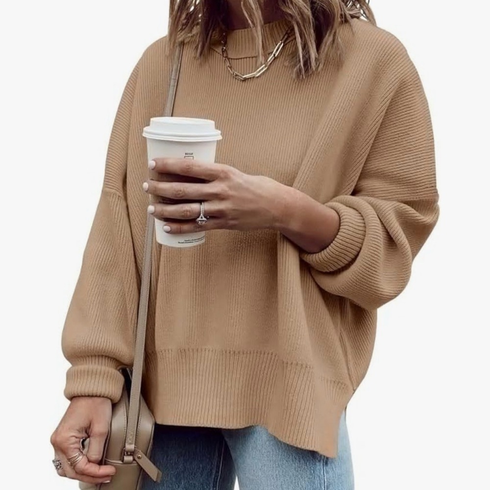 Women's Tan Khaki Knit Crewneck Warm Sweater